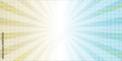 A bright sunburst design with a glowing white center, radiating rays, and a smooth gradient shifting from warm Yellow-Sky Blue to soft peach-pink, with subtle halftone dots for a retro feel