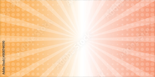 Sunburst design with a glowing white center, radiating rays, and a smooth gradient shifting from warm yellow-orange to soft peach-pink, with subtle halftone dots for a retro feel