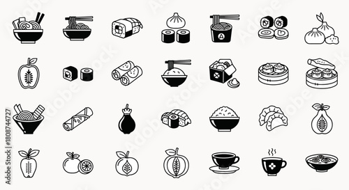 Assortment of Asian food icons including noodles soup sushi dumplings rice fruits and beverages perfect for culinary themes