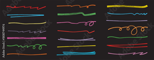 Set of colorful Chalk lines, Hand drawn vector Pencil underlines. crayon drawn lines illustrator brush stroke set. Zigzag Hand drawn brush stroke elements.