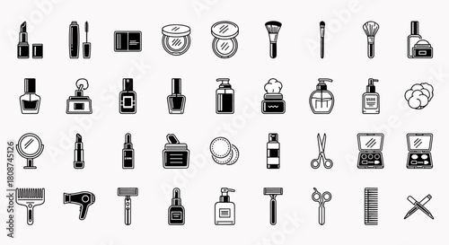 Collection of beauty and cosmetic icons, flat design symbols for makeup, skincare, and personal care, vector illustration