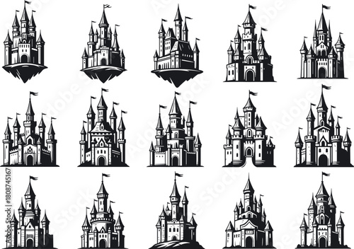 Fantasy castle icons collection, medieval fortress illustrations, fairytale palace silhouettes, enchanted kingdom towers, vintage black and white castle designs