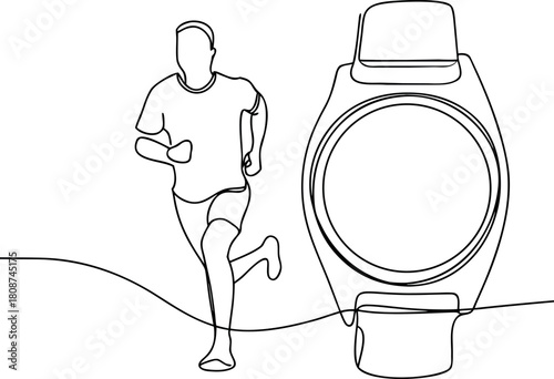 Continuous line drawing of running man and smartwatch