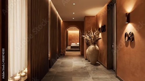 Interior hallway with arched doorway vases and candles in a spa like setting design view