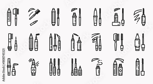 Collection of cosmetic icons featuring mascara wands, eyebrow pencils, and brushes in a clean line art style for beauty
