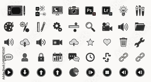 Collection of Digital Art and Design Tools Icons, Vector Graphics for Web and App Design Projects