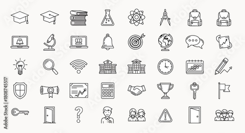 Collection of Education and School Icons with Graduation Caps, Books, Microscopes, Laptops, Globes, and More in Outline Style
