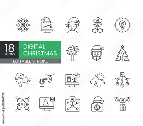 A set of vector icons representing digital Christmas technologies powered by AI, including smart gifting, automation, lighting, and virtual holiday tools, created in line style with editable stroke