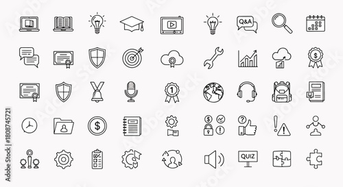 Collection of Education Business Technology and Science Icons symbolizing learning growth ideas and success