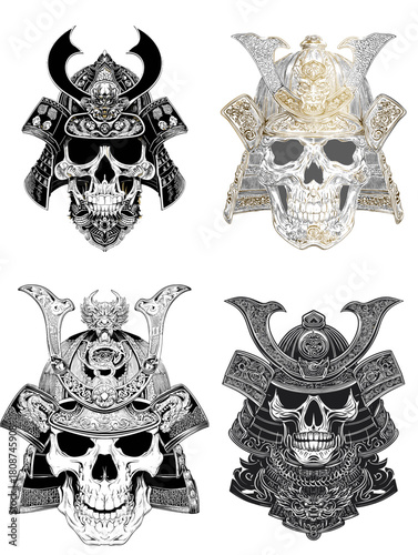 Highly detailed samurai skull illustrations with ornate traditional helmets and intricate line art. Powerful warrior themed artwork perfect for tattoos posters Japanese designs and fantasy projects.