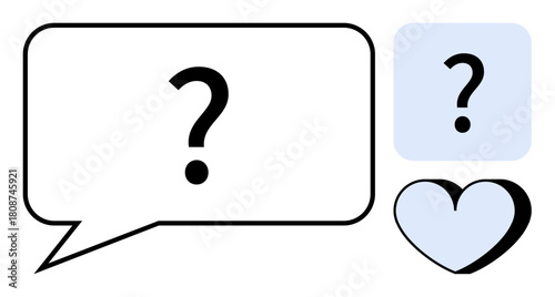 Bold question mark inside speech bubble paired with a heart icon, symbolizing curiosity, love, communication, and dialogue. Ideal for problem-solving, emotional expression, question asking