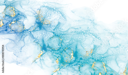 Pastel cyan mint liquid marble watercolor background with gold lines and brush stains. Teal turquoise marbled alcohol ink drawing effect. Vector illustration backdrop, watercolour wedding invitation.