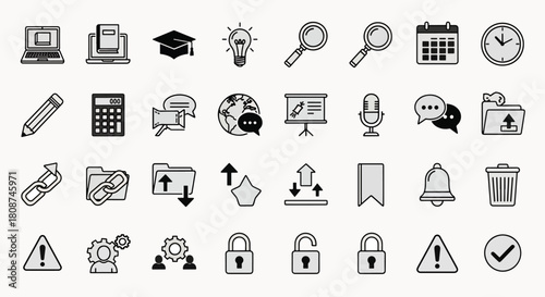 Collection of Flat Design Icons Representing Business Education Technology Science and Communication Concepts