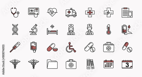 Collection of Medical Icons Featuring Stethoscope, DNA, Microscope, Nurse, Pills, and Calendar, Medical Healthcare Symbols