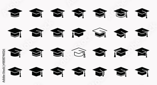 Collection of Graduation Cap Icons Celebrating Academic Achievement and Educational Milestones with Tassels and Square Hats