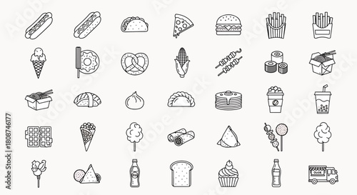 Collection of Hand-Drawn Fast Food and Sweet Treat Icons Featuring Hot Dogs Pizza Burgers Fries and Ice Cream Cones