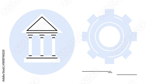 Classical government building icon beside gearwheel, symbolizing governance, operations, and system processes. Ideal for policy, management, collaboration, efficiency, organization reforms