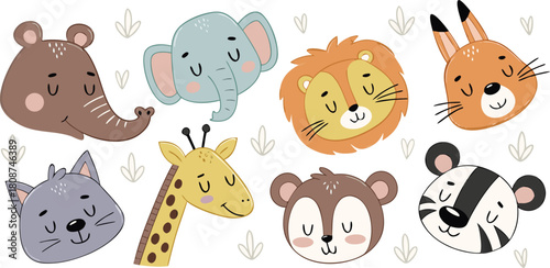 Pastel cute animal heads with small doodle elements. Perfect for nursery decor, kids stickers, storybooks, invitations and preschool use. EPS vector