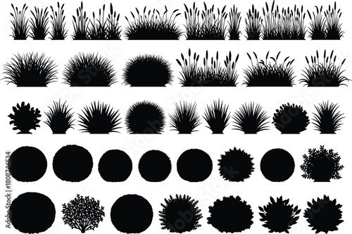 Grass and bush silhouettes, garden plant shapes, landscaping foliage vector set, natural vegetation elements, botanical shrub icons for design