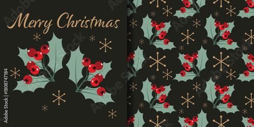 Christmas holiday banner and seamless pattern of cute holly berry branches with snowflakes on black background. Merry Christmas text, For winter holidays season.