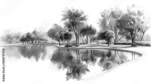 pencil drawing of trees and lake in an urban park, gentle shading, white background, calm atmosphere
