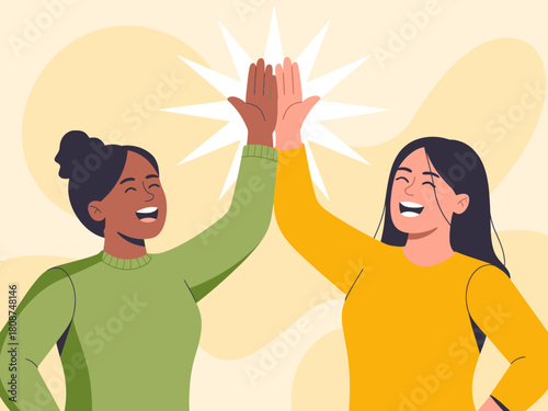 A vibrant illustration showcasing two women, smiling and giving a high-five, embodying friendship, positivity, and the joy of connection in a lively and colorful style.