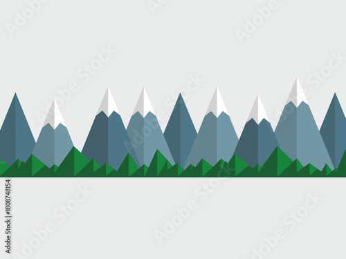 This image depicts a stylized mountain range composed of bold geometric shapes and cool color gradients, representing adventure, nature's grandeur, and modern artistic abstraction.