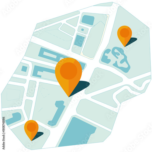 An abstract representation of a city map showcasing colorful markers and road paths. Ideal for navigating or presenting geographic data in a visually appealing way.