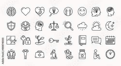 Collection of Mind and Health Icons Brain Heart Emotions Health Care Support and Growth Symbols