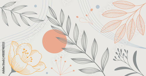 This image showcases a stylized botanical pattern that beautifully combines leaves and flowers with abstract elements, creating a serene and artistic representation of nature's elegance.