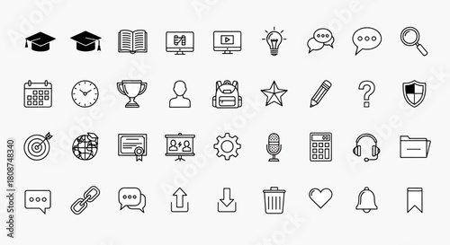Collection of Outline Icons for Education, Business and Technology Concepts Representing Learning Tools and Digital Communication