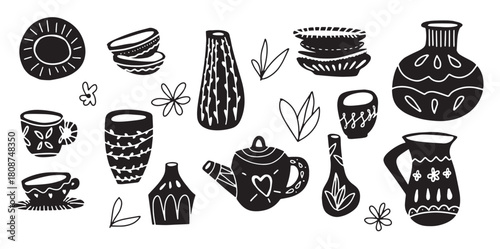 Pottery earthenware, vases, clay bowls and pots isolated on white. Ceramic jugs and vases set. Decorative elements collection for kitchen for your interior design. black and white vector set.