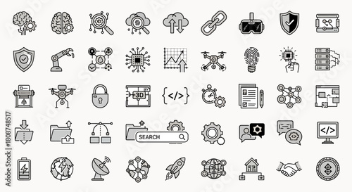 Collection of Technology and Business Icons Brain Robotics Cloud Computing Security Drone Search and Development Icons