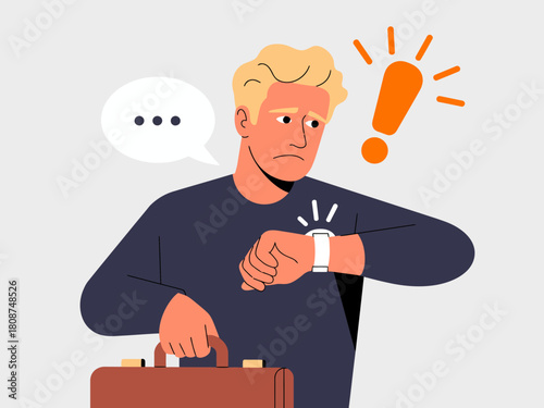 This illustration portrays a worried man checking his watch while holding a briefcase, symbolizing stress, time management, and the pressures of modern life.