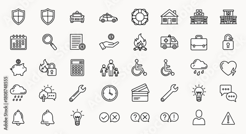 Collection of outline icons representing security, finance, health, family, and technology for web and app design