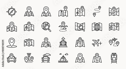 Collection of Travel and Navigation Icons, Featuring Maps, Compass, Pins, Cars, Airplanes, and Ships for Digital and Print Use