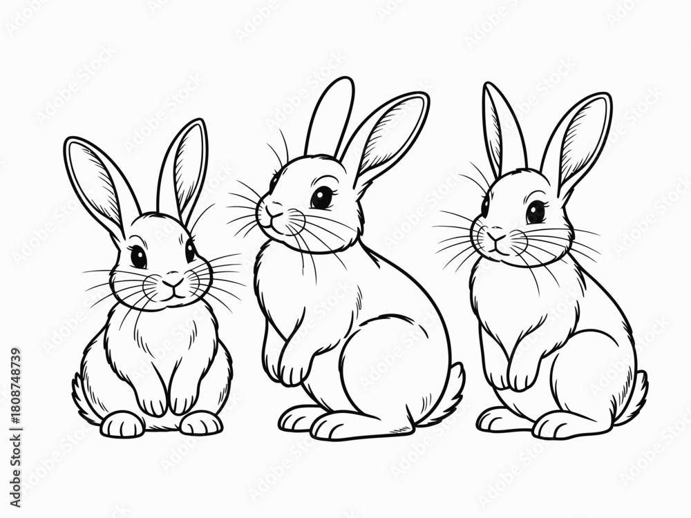 Fototapeta premium An adorable illustration of three cute cartoon rabbits in playful poses, showcasing their charm and innocence, perfect for children's books and playful designs.