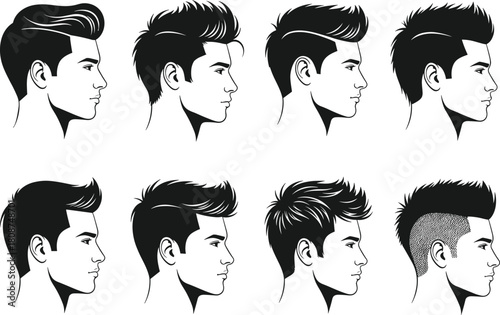Men hairstyle silhouettes, modern haircuts, trendy male grooming, barbershop style collection, vector profile illustrations, stylish haircut designs set