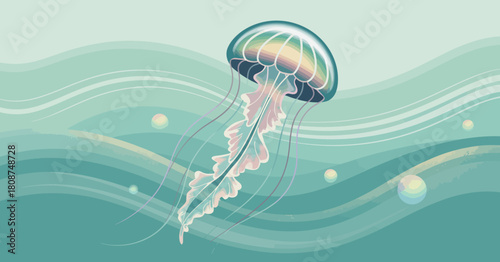This image features a graceful jellyfish gliding through soft aqua waves, capturing the beauty and serenity of marine life in a vibrant and colorful style.