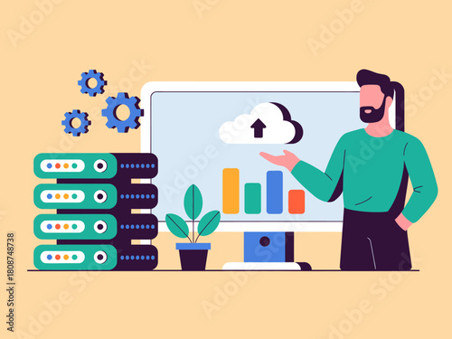 This illustration showcases a professional presenting data insights on a computer screen, representing data management and cloud storage in a vibrant tech setting.
