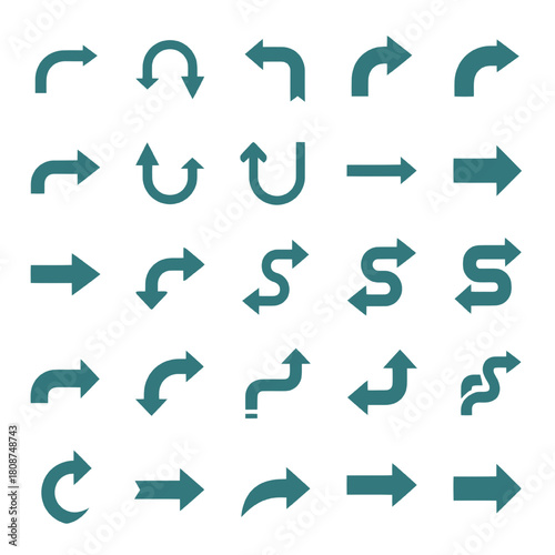 Teal Curved and Wavy Arrow Icon Collection for Path and Flow