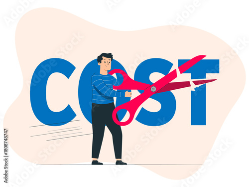 A whimsical illustration of a man holding large scissors, symbolizing cutting costs in a fun and engaging manner, designed to reflect actions toward savings and financial awareness.