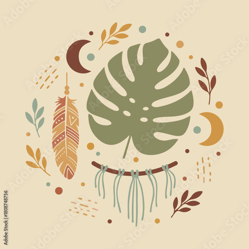 Boho Celestial Dreamcatcher Eye with Feathers and Botanicals