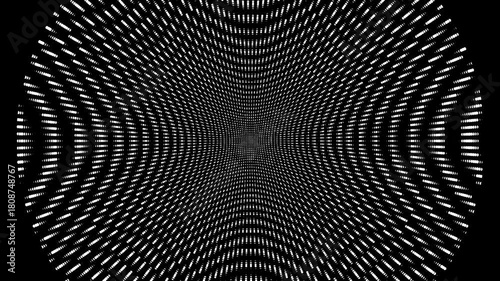 Black and white dot matrix tunnel pattern with radial depth effect, Futuristic digital light background
