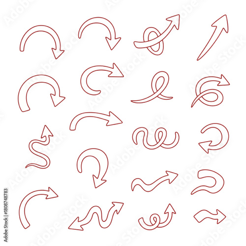 Thin Red Outline Arrow Set: Hand Drawn Style Curve and Swirl