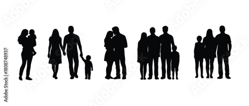Group of diverse family silhouettes, parents with children, unity