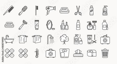 Collection of various bathroom and hygiene icons simple line art set vector graphics for web and design needs
