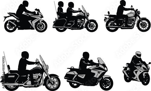 motorcycle, silhouette, rider, sportbike, cruiser, touring, helmet, posture, racing, vehicle, transport, biker, speed, motion, graphic, black, design, collection, style, adventure
