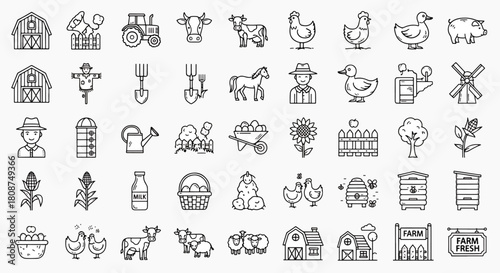 Farm icons collection including barn, tractor, animals like cows, chickens, ducks, sheep, horse, pig, and farming elements like scarecrow, shovel, windmill, sunflower