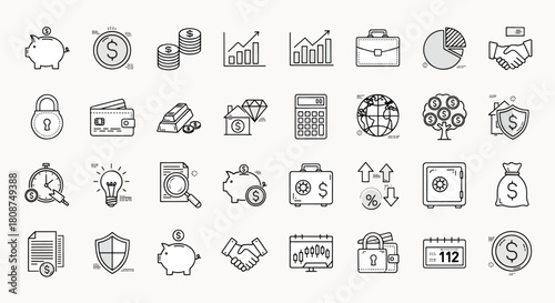 Financial business icons set including piggy bank, coins, charts, calculator, and safe for investment growth